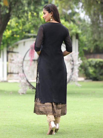 Black Chanderi Festive Embroidered + Printed Straight/Flared Kurta