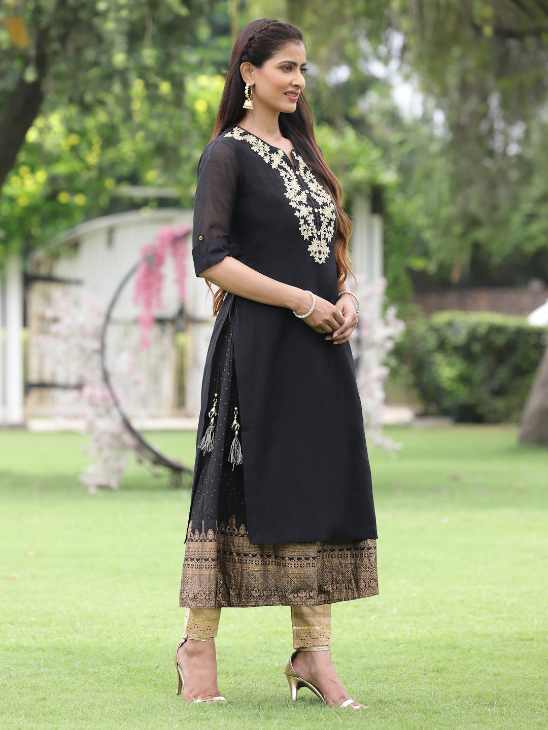 Black Chanderi Festive Embroidered + Printed Straight/Flared Kurta