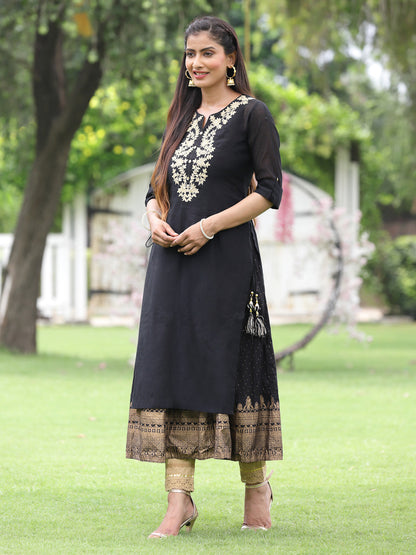 Black Chanderi Festive Embroidered + Printed Straight/Flared Kurta