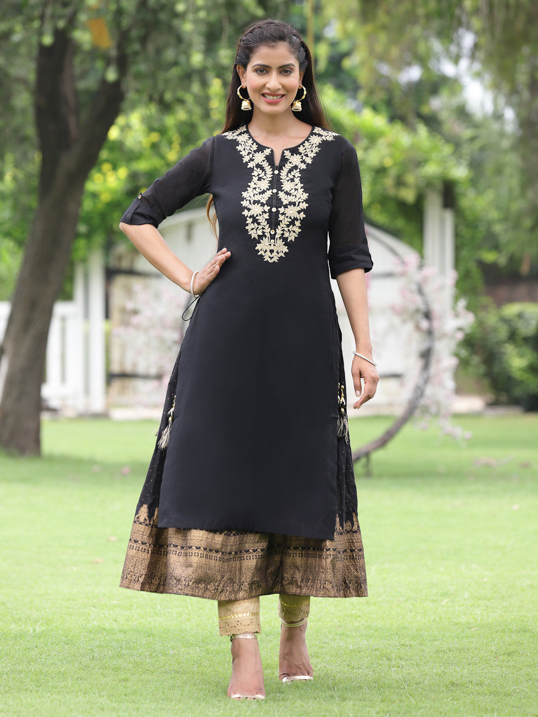 Black Chanderi Festive Embroidered + Printed Straight/Flared Kurta