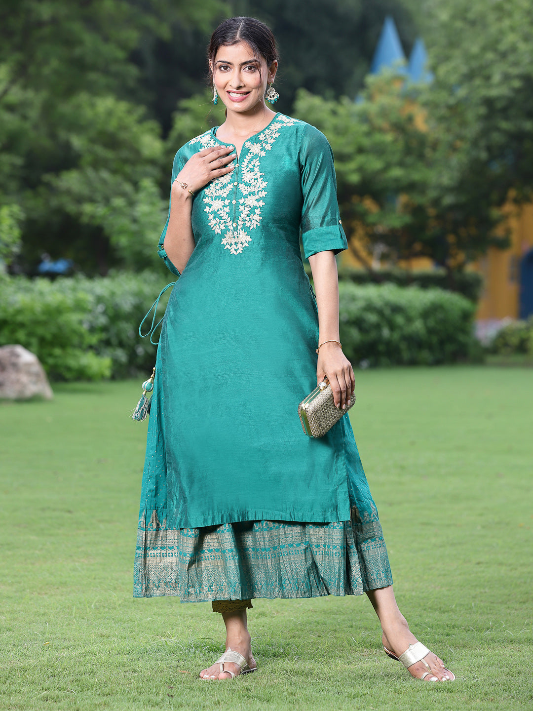 Bottle Green Chanderi Festive Embroidered + Printed Straight/Flared Kurta