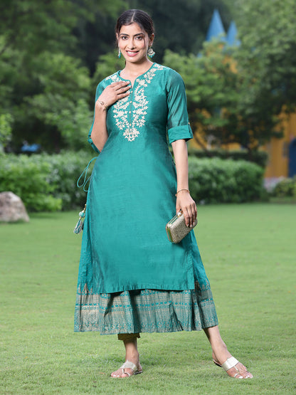 Bottle Green Chanderi Festive Embroidered + Printed Straight/Flared Kurta