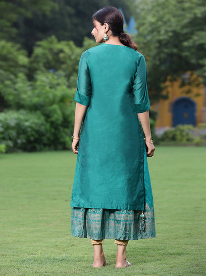 Bottle Green Chanderi Festive Embroidered + Printed Straight/Flared Kurta