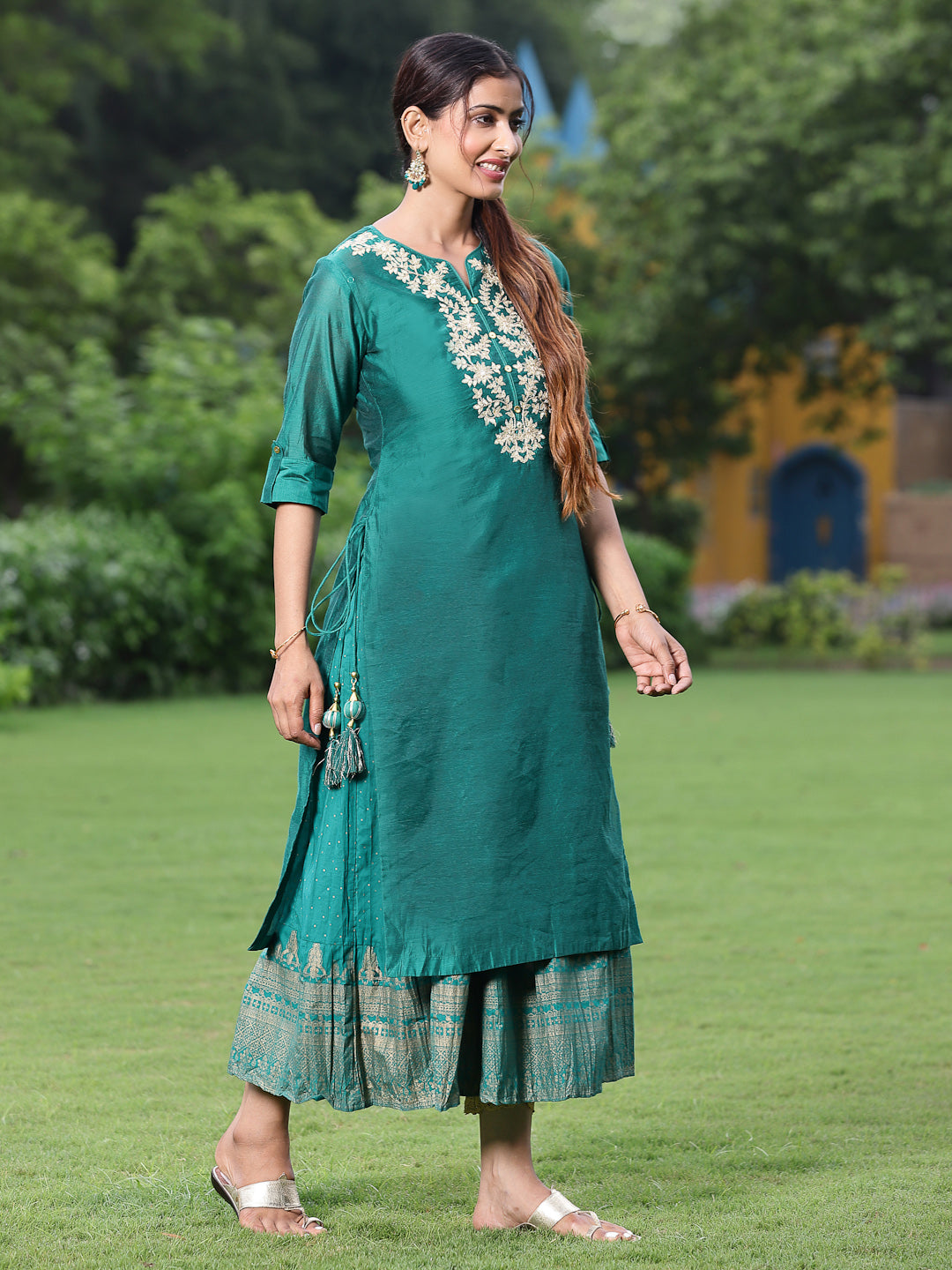 Bottle Green Chanderi Festive Embroidered + Printed Straight/Flared Kurta