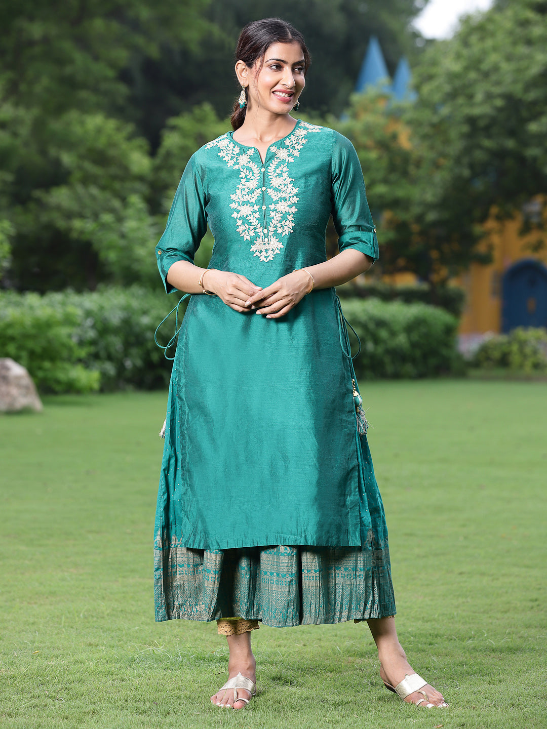 Bottle Green Chanderi Festive Embroidered + Printed Straight/Flared Kurta