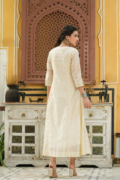 Beige Chanderi Festive Embroidered Polka Dot Printed Flared Kurta