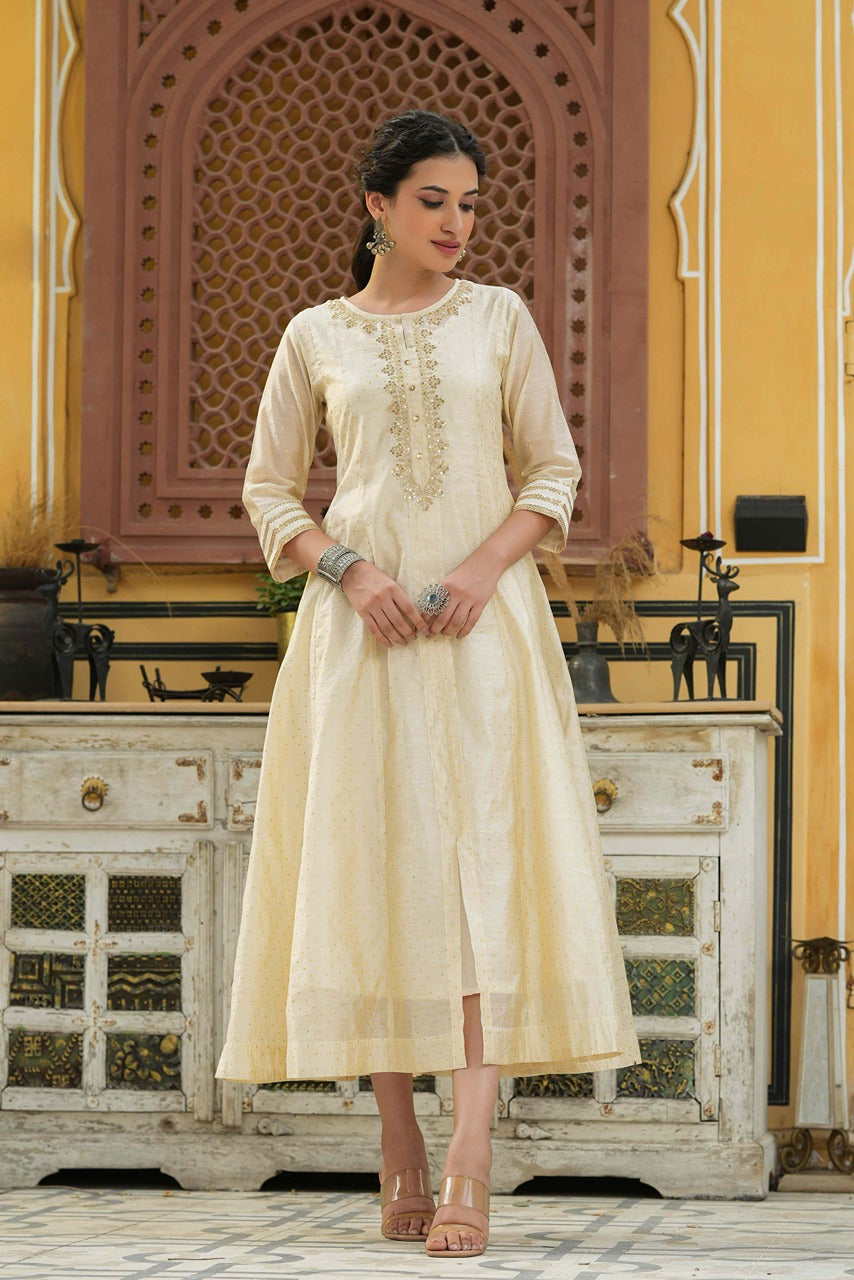 Beige Chanderi Festive Embroidered Polka Dot Printed Flared Kurta