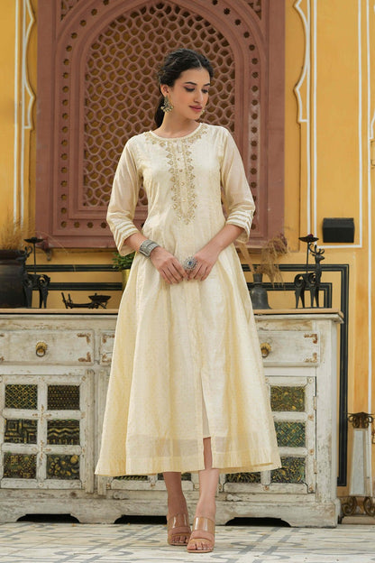 Beige Chanderi Festive Embroidered Polka Dot Printed Flared Kurta