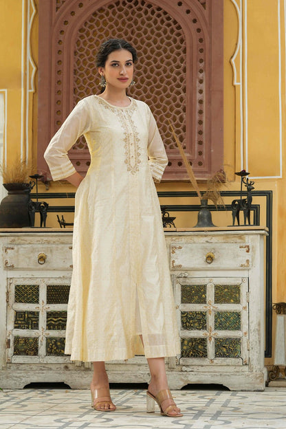 Beige Chanderi Festive Embroidered Polka Dot Printed Flared Kurta
