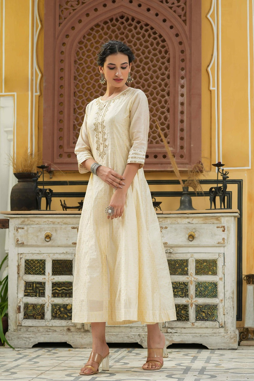 Beige Chanderi Festive Embroidered Polka Dot Printed Flared Kurta