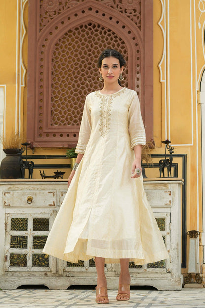 Beige Chanderi Festive Embroidered Polka Dot Printed Flared Kurta