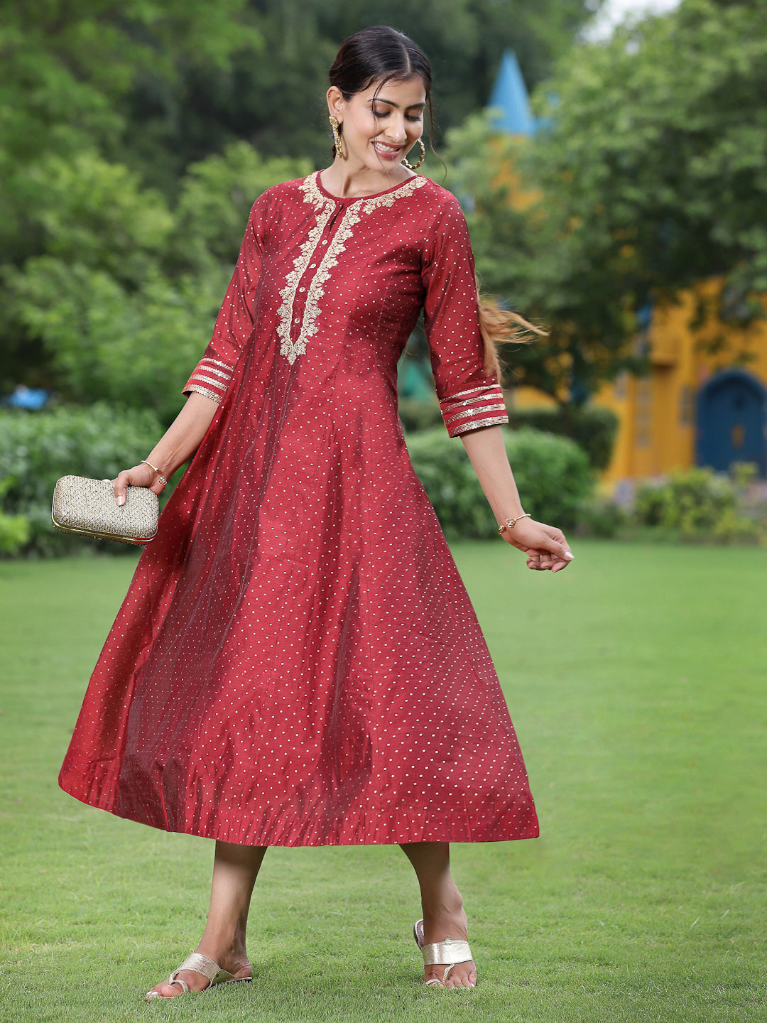 Maroon Chanderi Festive Embroidered + Polka Dot Printed Flared Kurta