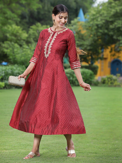 Maroon Chanderi Festive Embroidered + Polka Dot Printed Flared Kurta