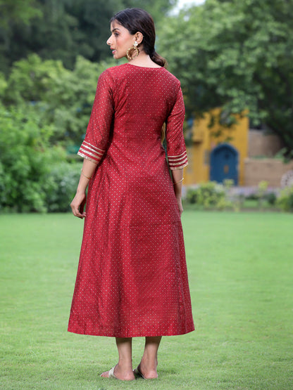 Maroon Chanderi Festive Embroidered + Polka Dot Printed Flared Kurta