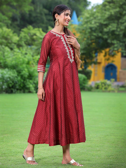 Maroon Chanderi Festive Embroidered + Polka Dot Printed Flared Kurta