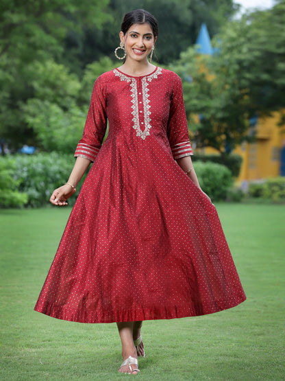 Maroon Chanderi Festive Embroidered + Polka Dot Printed Flared Kurta