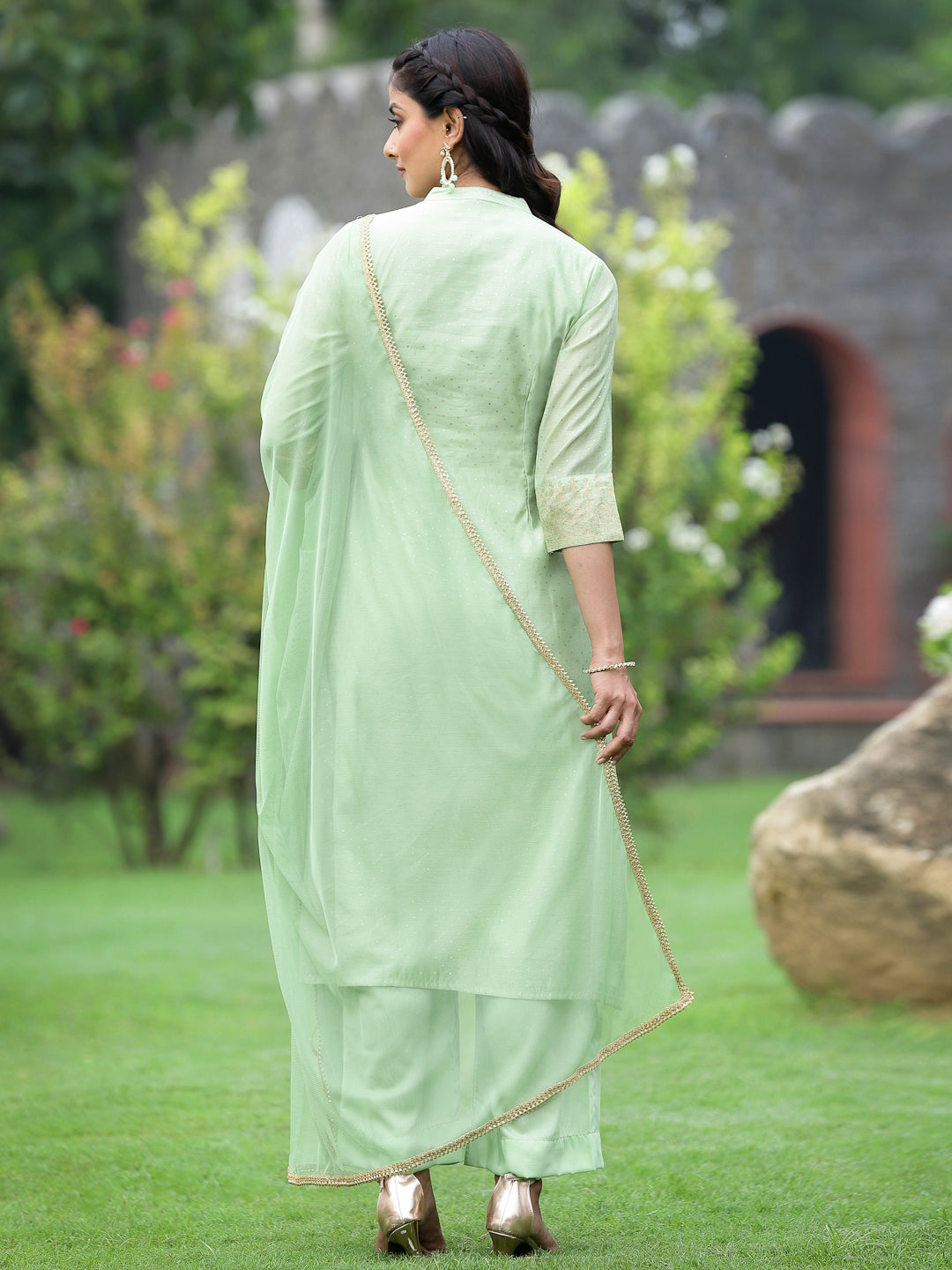 Mint Green Chanderi Festive Embroidered Polka Dot Printed A-line Kurta Set