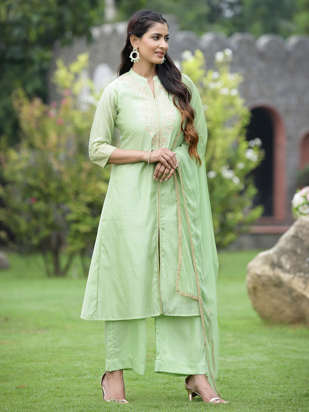 Mint Green Chanderi Festive Embroidered Polka Dot Printed A-line Kurta Set