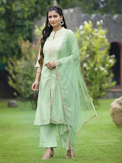 Mint Green Chanderi Festive Embroidered Polka Dot Printed A-line Kurta Set