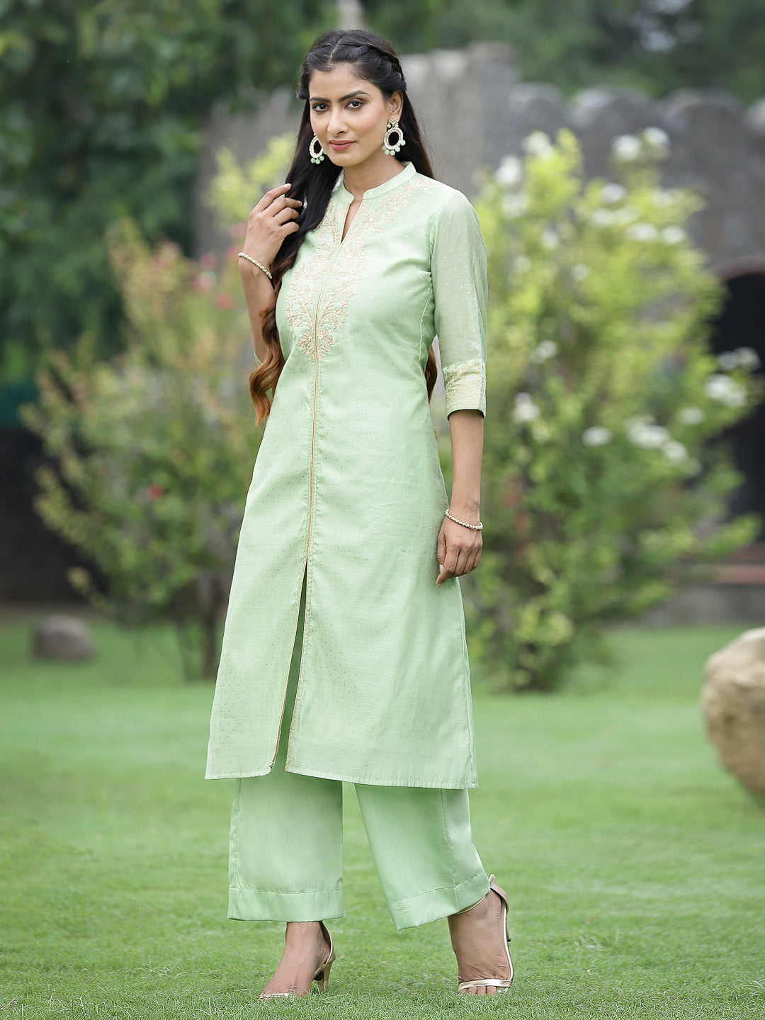 Mint Green Chanderi Festive Embroidered Polka Dot Printed A-line Kurta Set