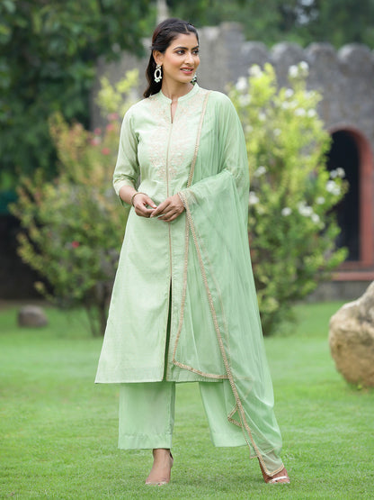 Mint Green Chanderi Festive Embroidered Polka Dot Printed A-line Kurta Set