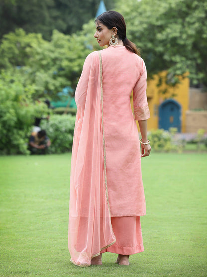 Peach Chanderi Festive Embroidered Polka Dot Printed A-line Kurta Set