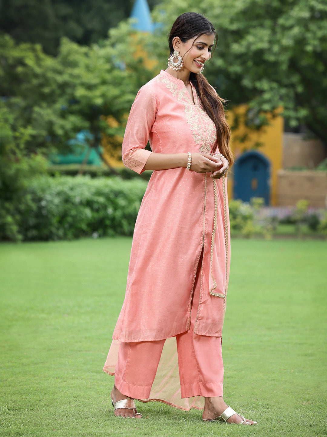 Peach Chanderi Festive Embroidered Polka Dot Printed A-line Kurta Set