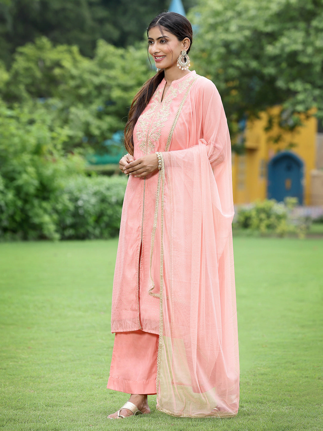 Peach Chanderi Festive Embroidered Polka Dot Printed A-line Kurta Set