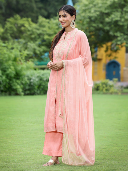 Peach Chanderi Festive Embroidered Polka Dot Printed A-line Kurta Set