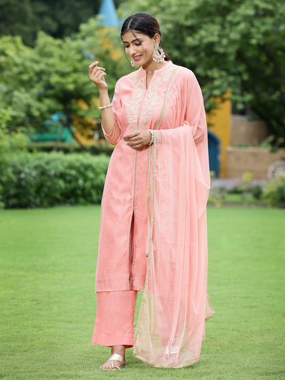 Peach Chanderi Festive Embroidered Polka Dot Printed A-line Kurta Set