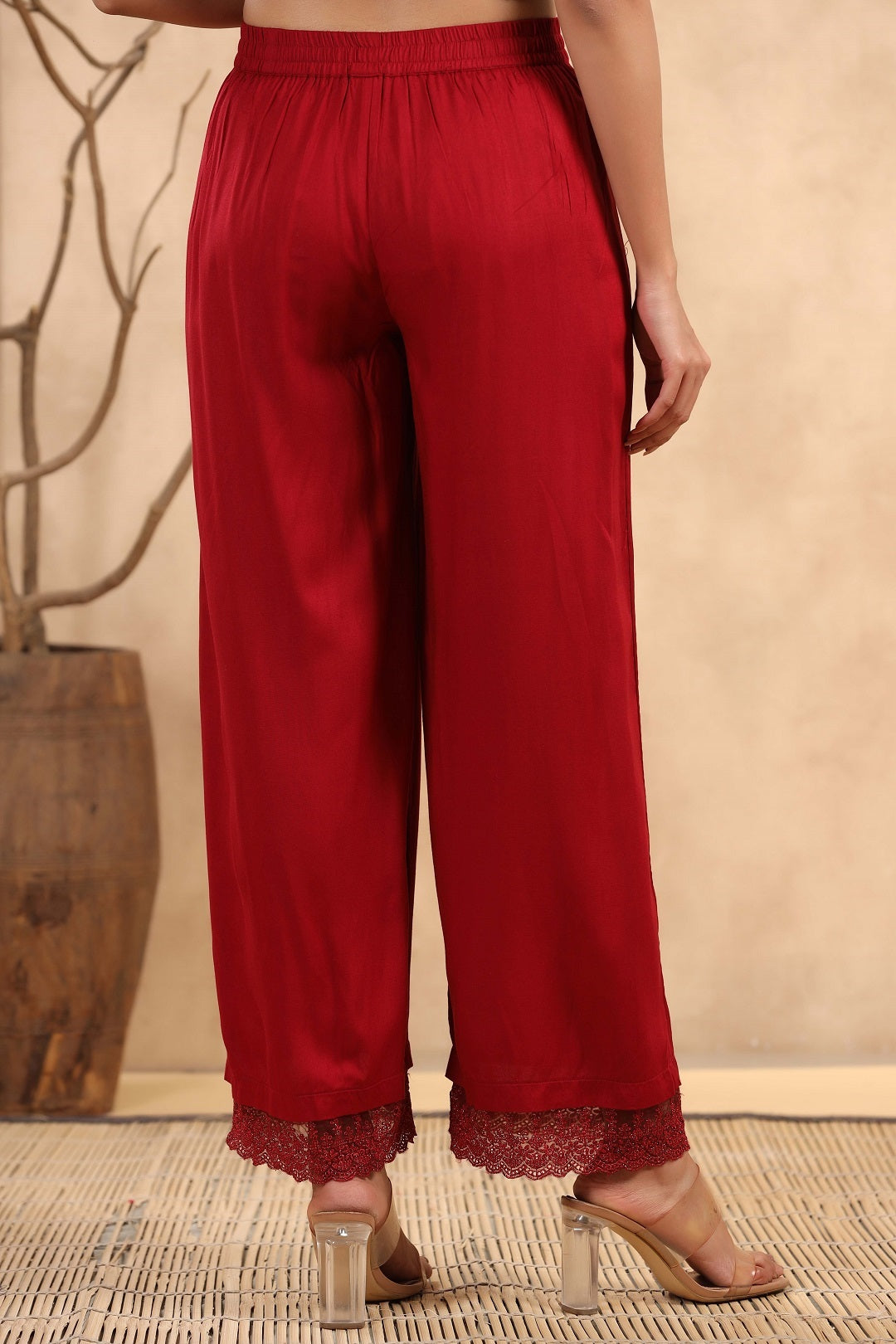 Maroon Rayon Straight Solid Palazzo