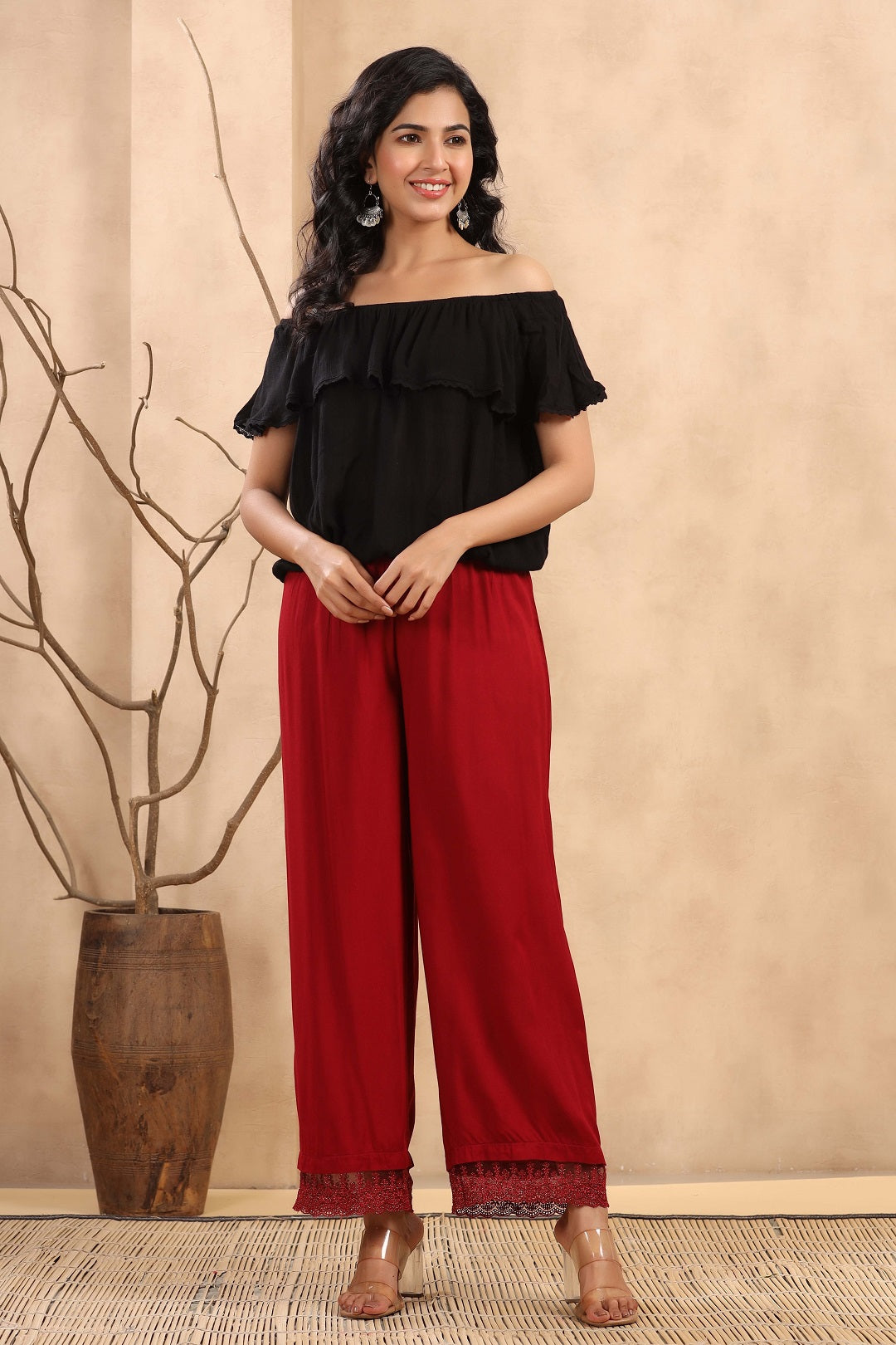 Maroon Rayon Straight Solid Palazzo