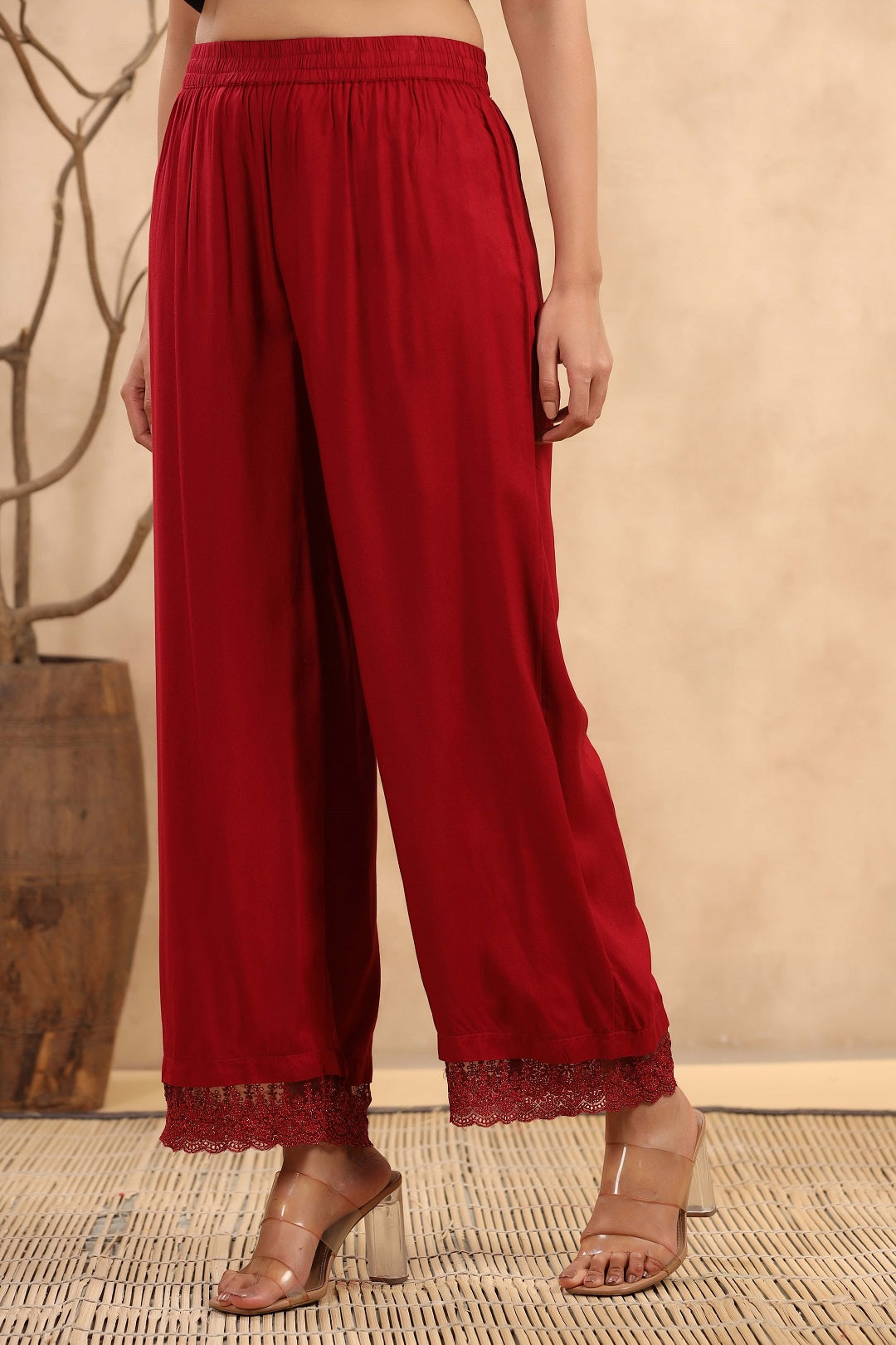 Maroon Rayon Straight Solid Palazzo