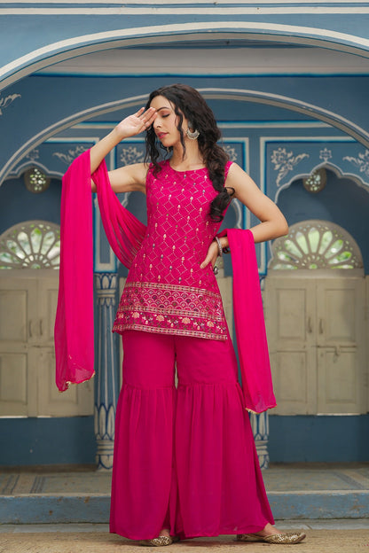 FUCHSIA GEORGETTE GEORGETTE NAZNIN CHIFFON FESTIVE EMBROIDERED STRAIGHT SKD FOR WOMEN