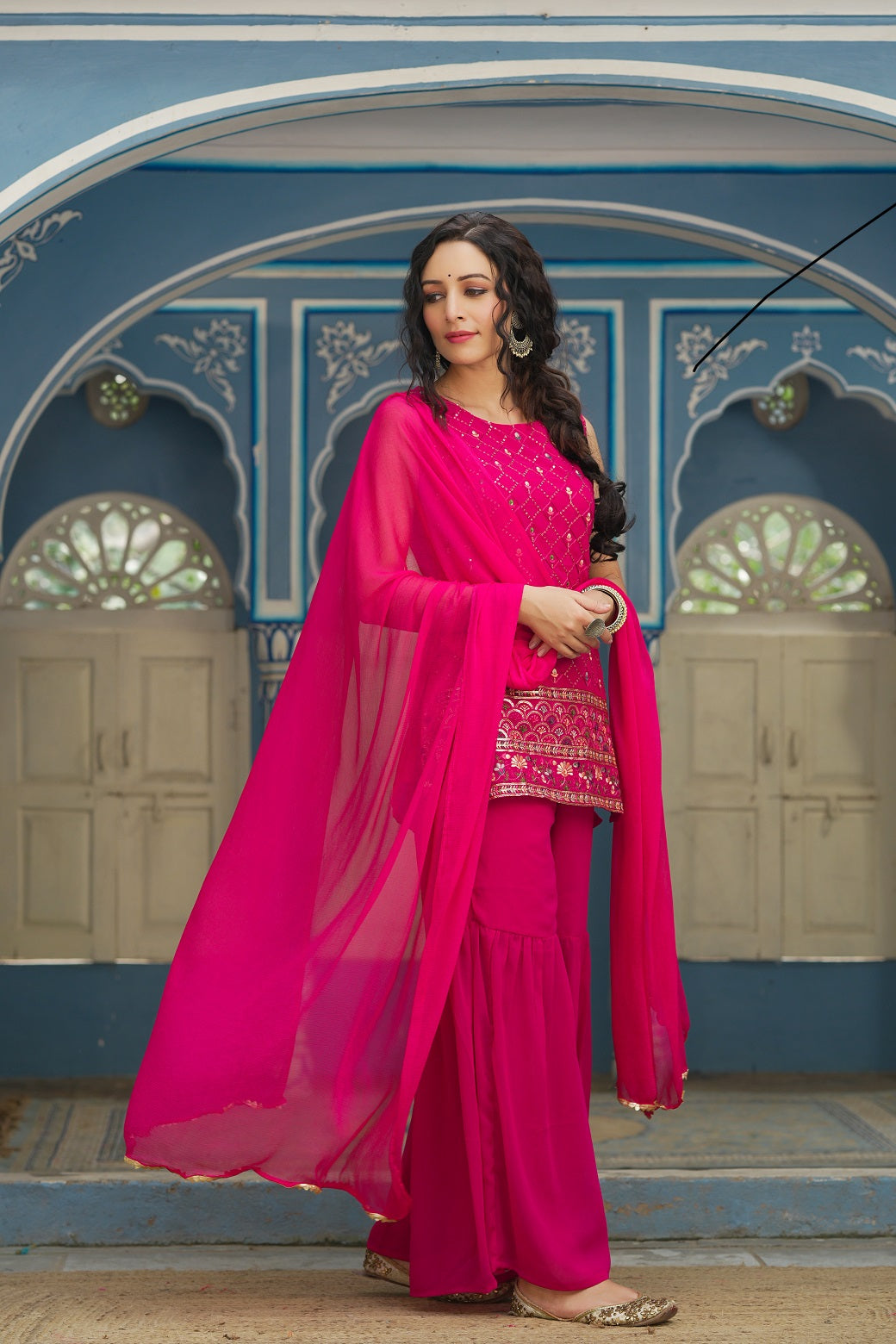 FUCHSIA GEORGETTE GEORGETTE NAZNIN CHIFFON FESTIVE EMBROIDERED STRAIGHT SKD FOR WOMEN