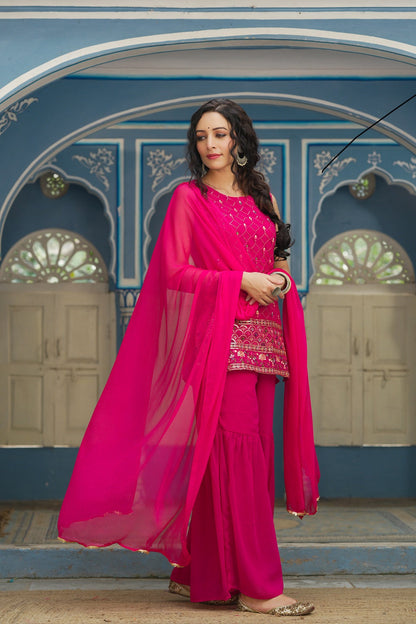 FUCHSIA GEORGETTE GEORGETTE NAZNIN CHIFFON FESTIVE EMBROIDERED STRAIGHT SKD FOR WOMEN