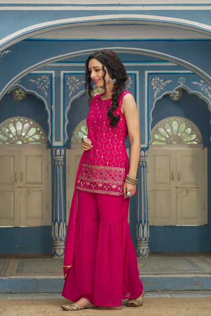 FUCHSIA GEORGETTE GEORGETTE NAZNIN CHIFFON FESTIVE EMBROIDERED STRAIGHT SKD FOR WOMEN