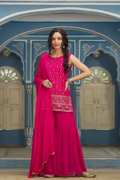 FUCHSIA GEORGETTE GEORGETTE NAZNIN CHIFFON FESTIVE EMBROIDERED STRAIGHT SKD FOR WOMEN