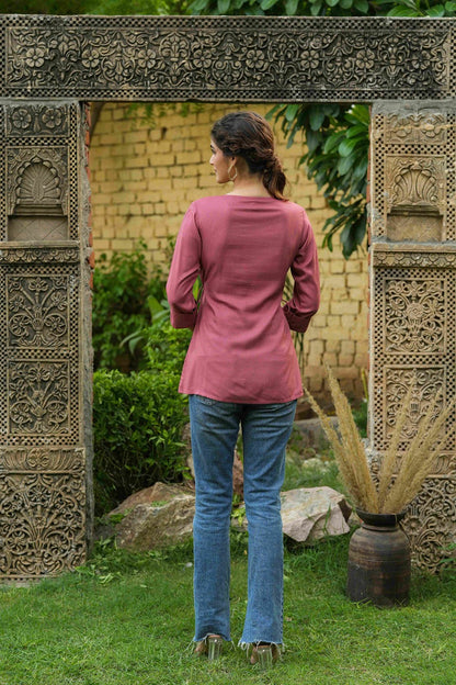 Onion Pink Rayon Festive Embroidered A-Line Tunic