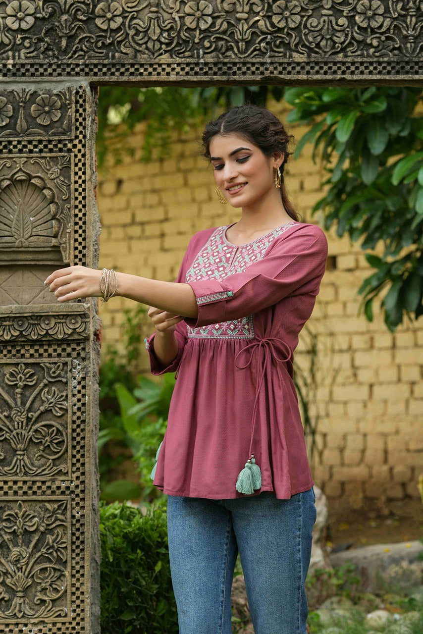 Onion Pink Rayon Festive Embroidered A-Line Tunic