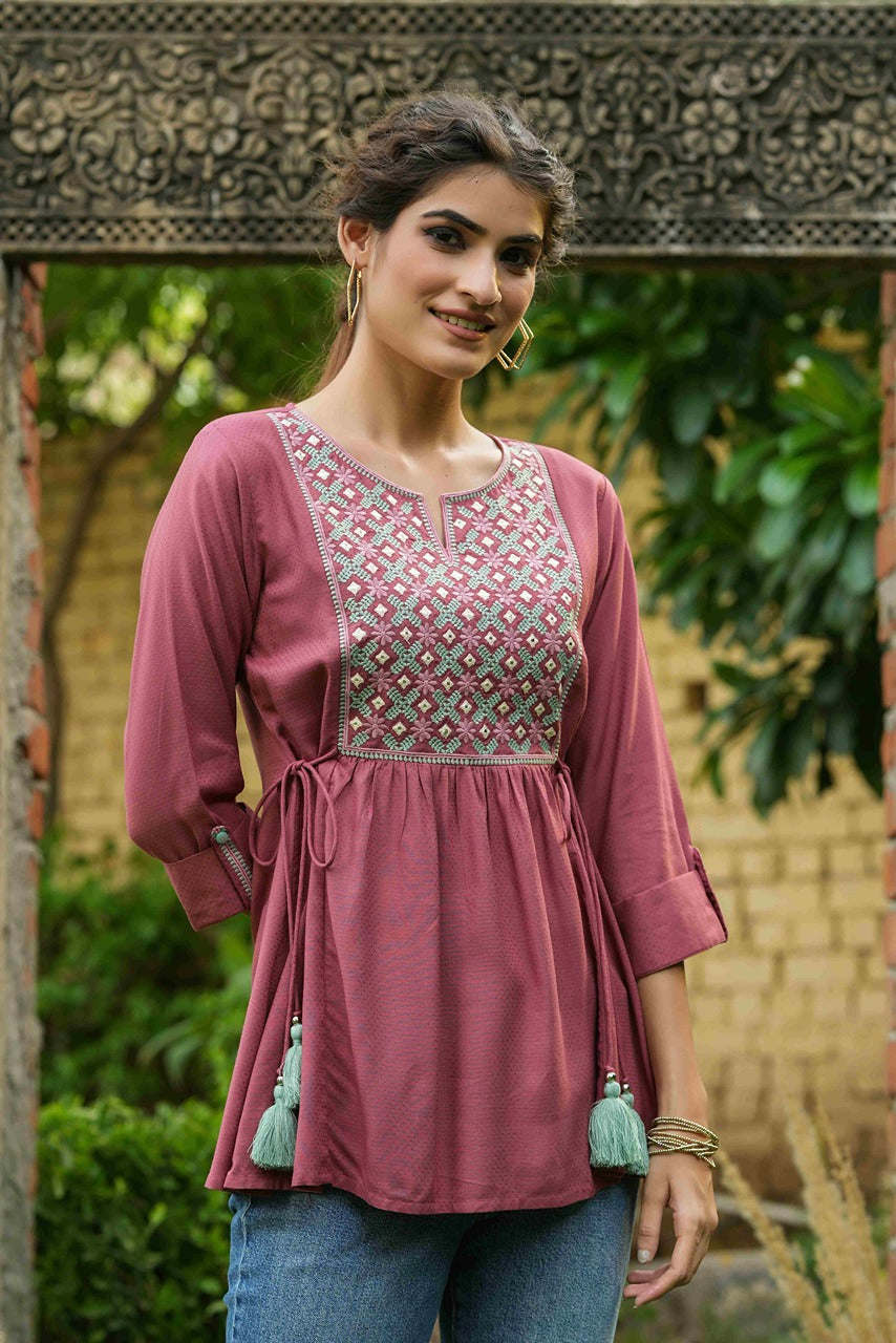 Onion Pink Rayon Festive Embroidered A-Line Tunic