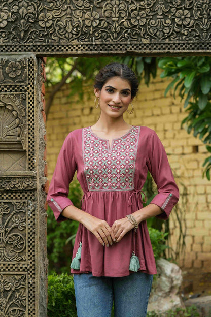 Onion Pink Rayon Festive Embroidered A-Line Tunic