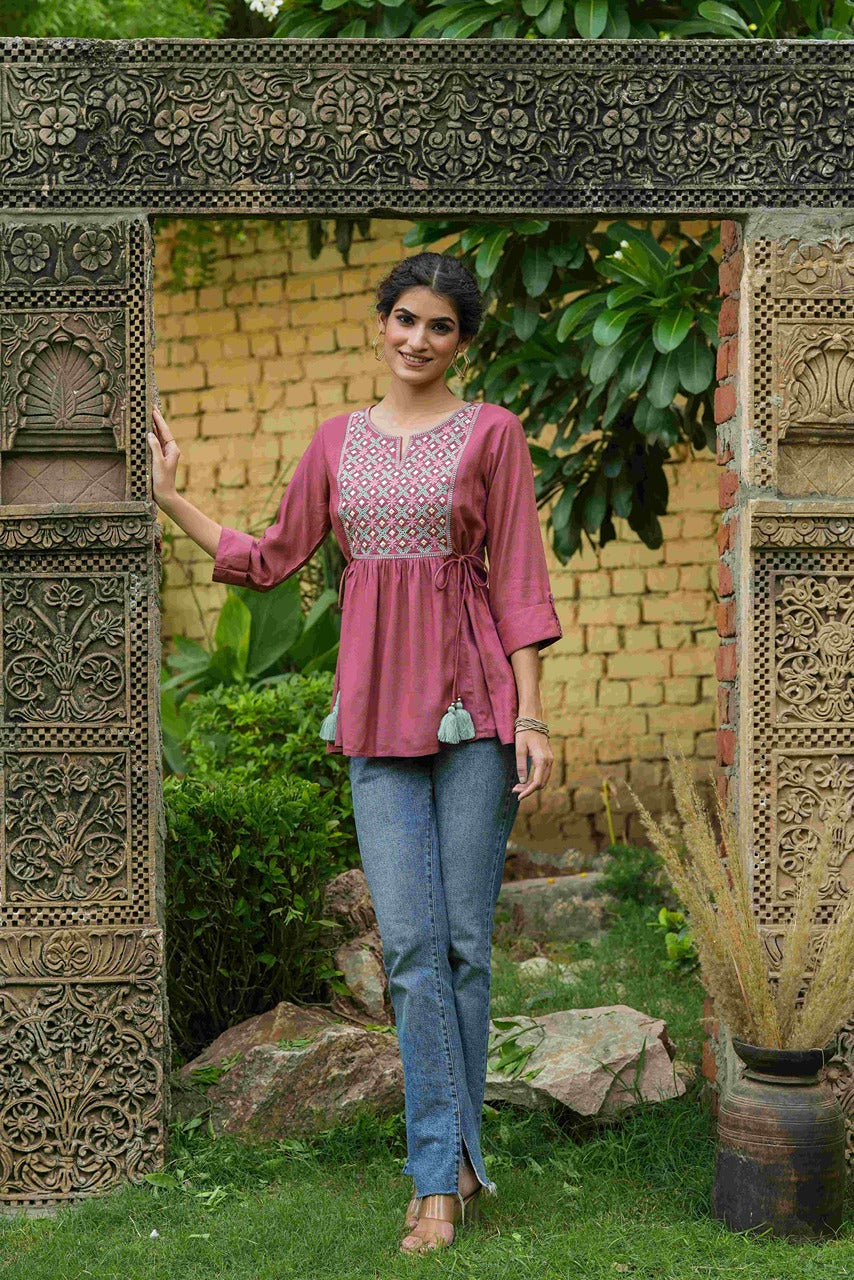 Onion Pink Rayon Festive Embroidered A-Line Tunic