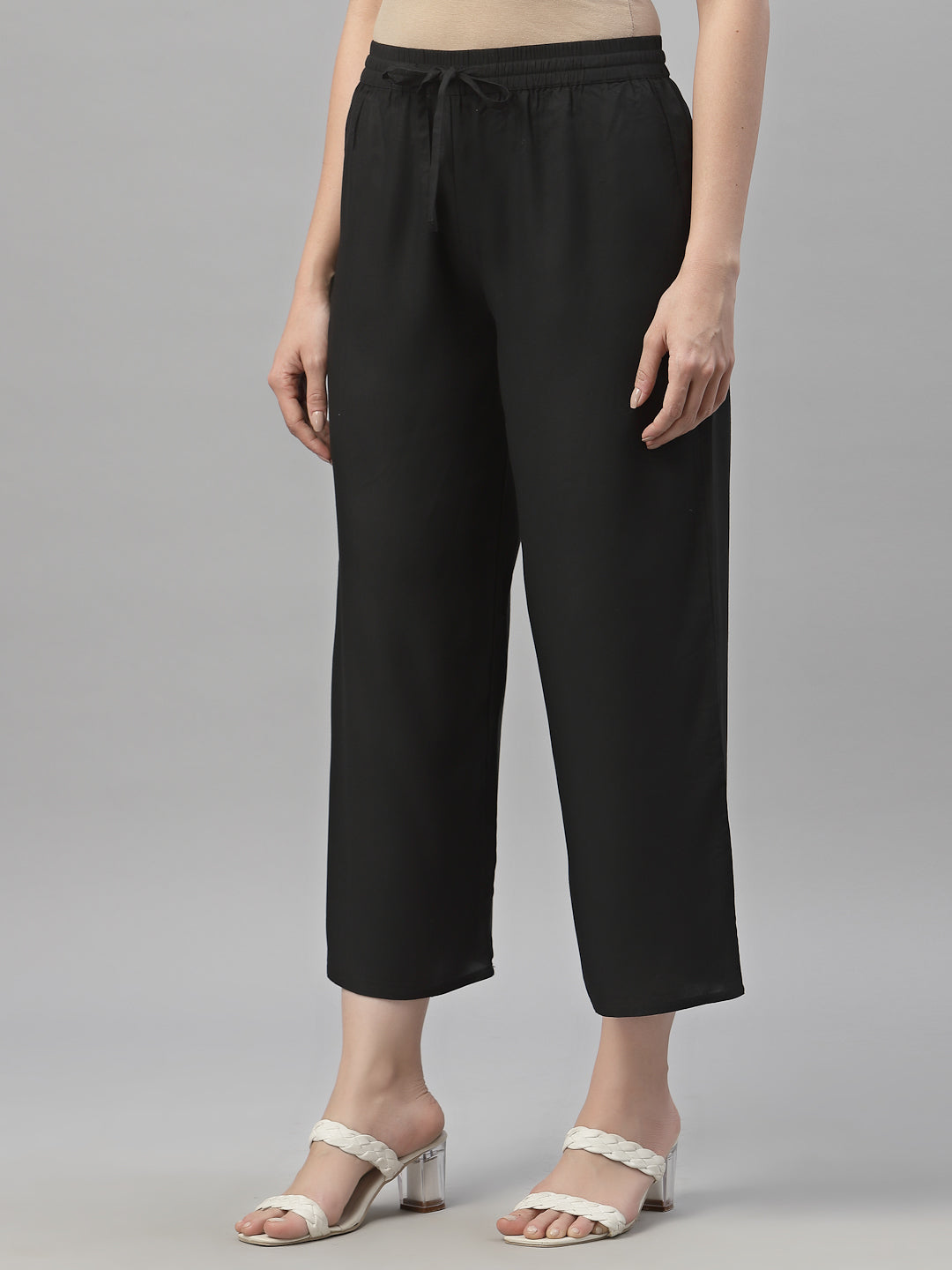Black Rayon Straight Solid Pant/Slim Pant