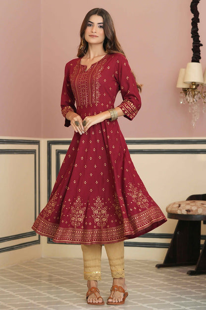 Maroon Rayon Festive Kurta