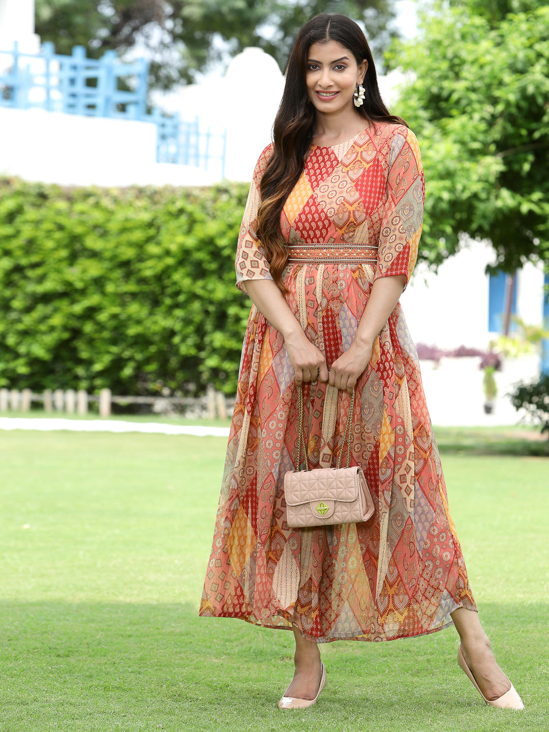 Multi Chiffon Festive Printed Flared Jump Suit