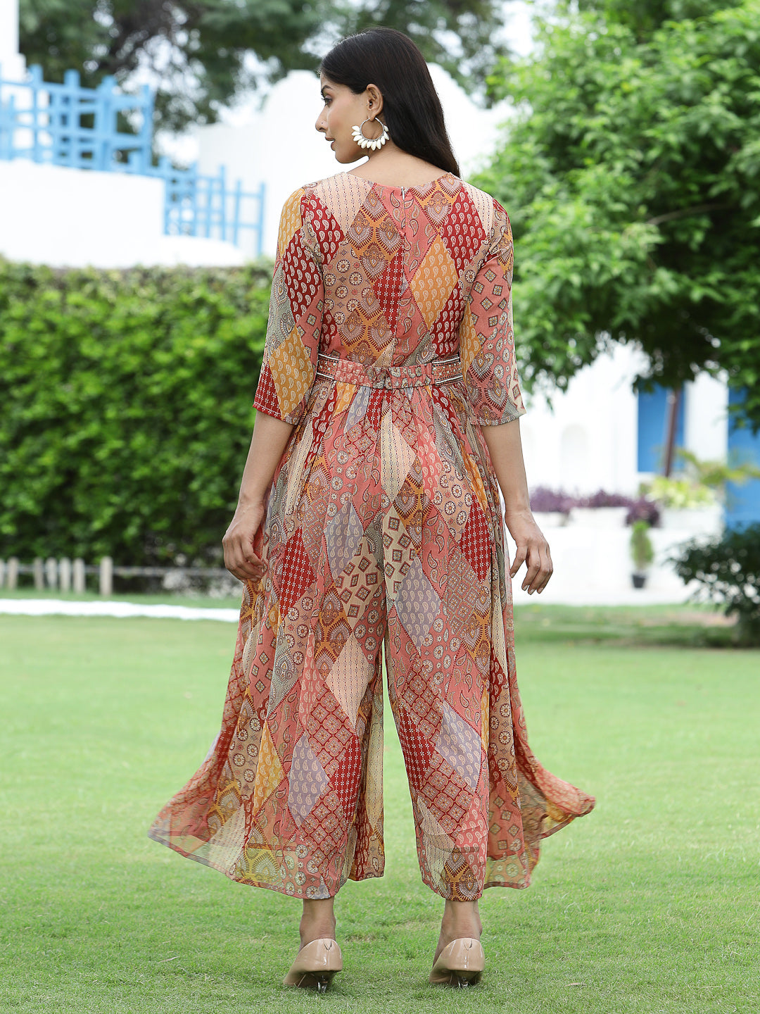 Multi Chiffon Festive Printed Flared Jump Suit