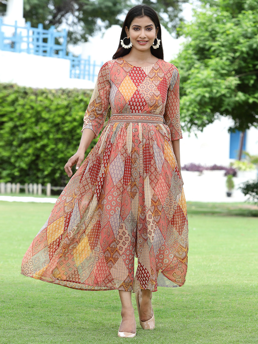 Multi Chiffon Festive Printed Flared Jump Suit