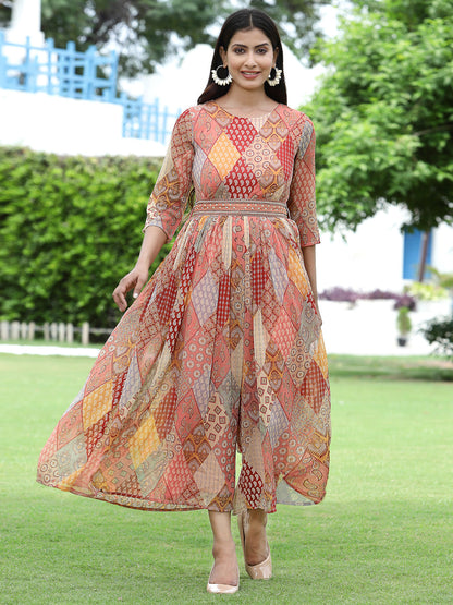 Multi Chiffon Festive Printed Flared Jump Suit