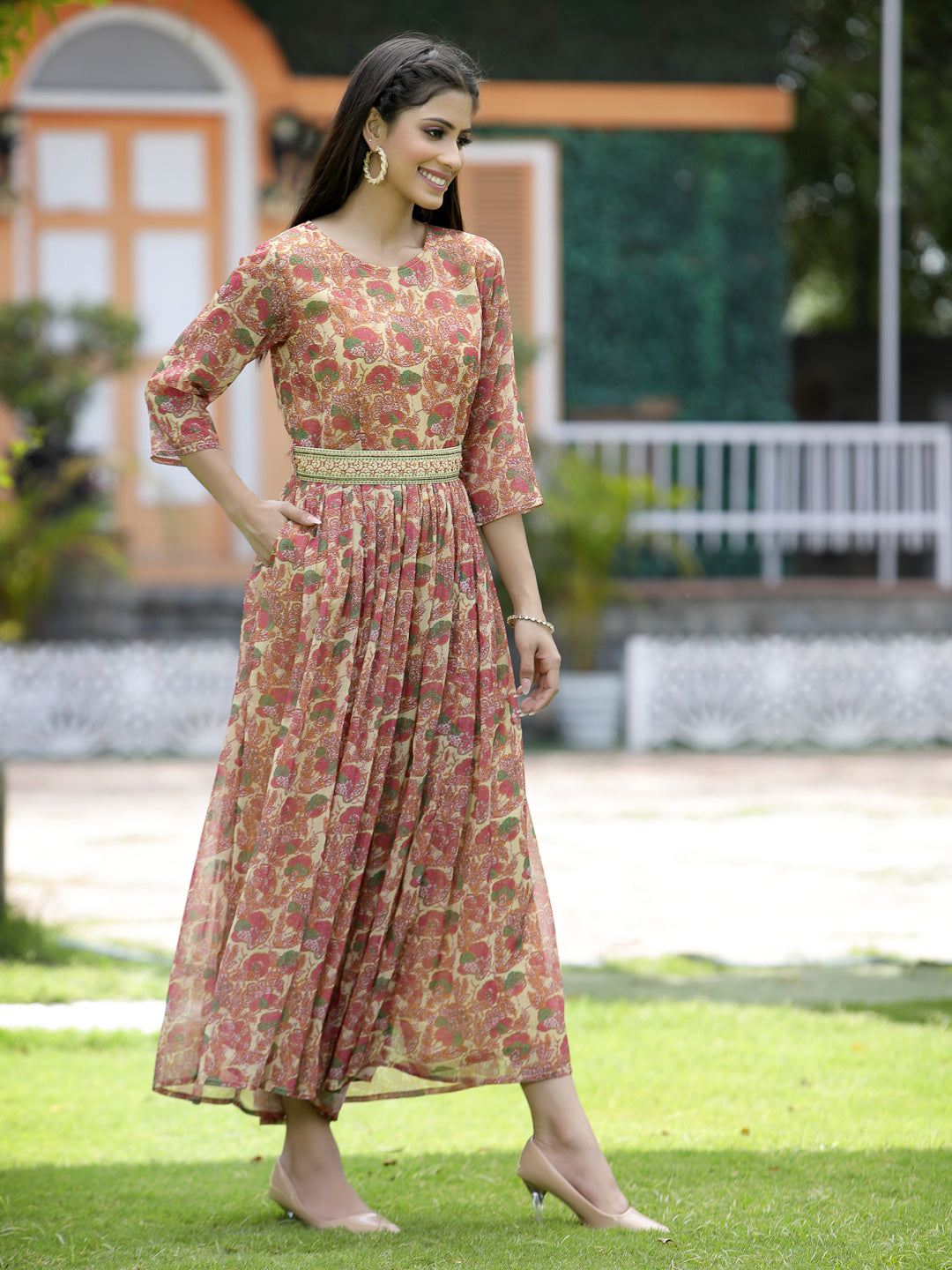 Fuchsia Chiffon Casual Wear Printed Flared Jumpsuit